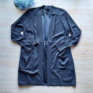 LAFAYETTE 148 NY Open Cardigan Front-Wool-Knit Back-Silk-Satin  Black Women Sz.M
